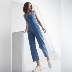 Blue Cropped Denim Jumpsuit with Wide Leg